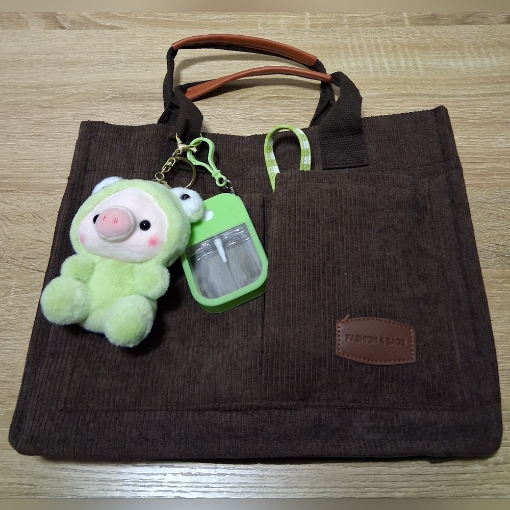 Brown Unisex Corduroy Tote with Plush Keychain and Steve Madden Gingham Wallet